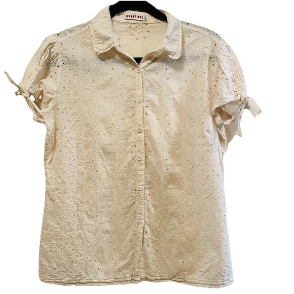 VTG JOHNNY WAS Off White Eyelet Button Up Short Sleeve Shirt Sz M - Picture 1 of 9